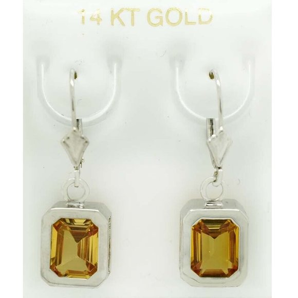 Genuine 7.34 Cts Yellow Topaz Dangling Earrings 14k White Gold